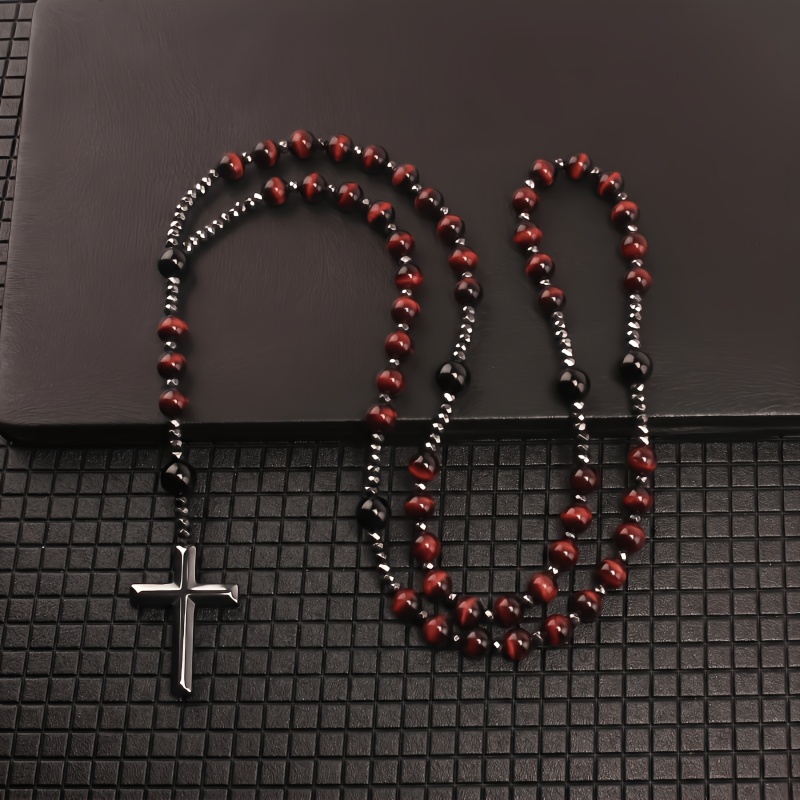 Blue Tiger Eye Cross Pendant Necklace, Unisex